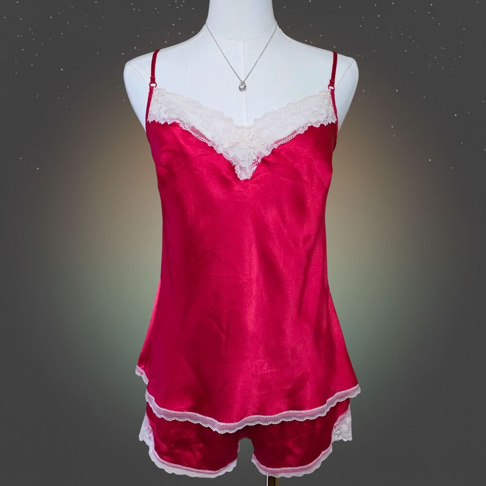 Vintage Victoria’s Secret Satin Lace Cami & Shorts Set S Deep Red Ivory Trim Y2K